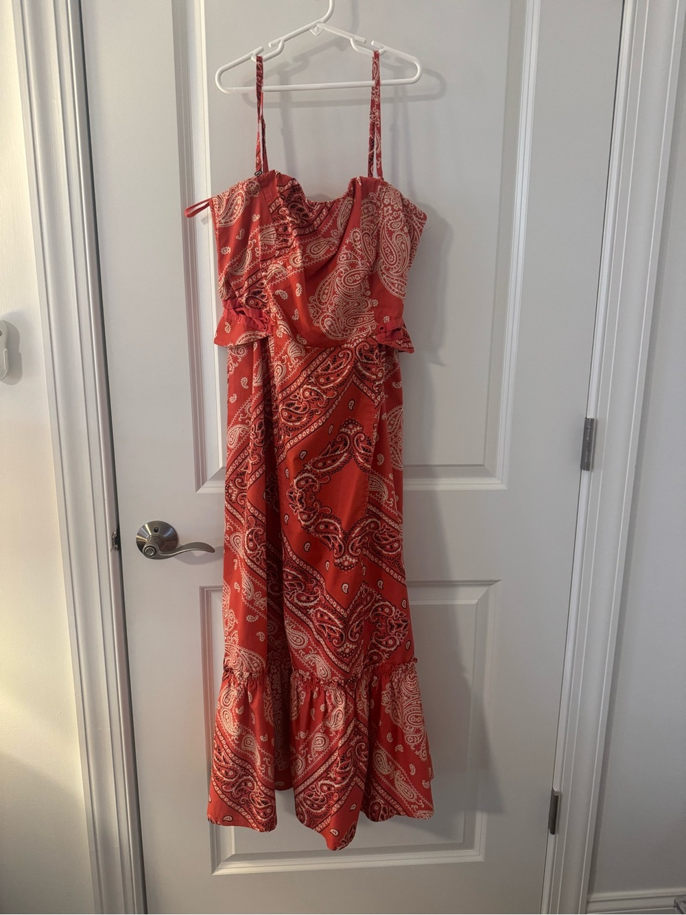 Red Paisley Bandana Print Maxi Sundress with Ruffle Hem